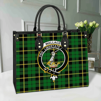 Clan Wallace Hunting Green Tartan Crest Leather Bag