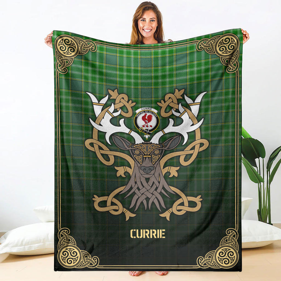 Clan Currie or Curry Tartan Crest Premium Blanket Celtic Stag Style