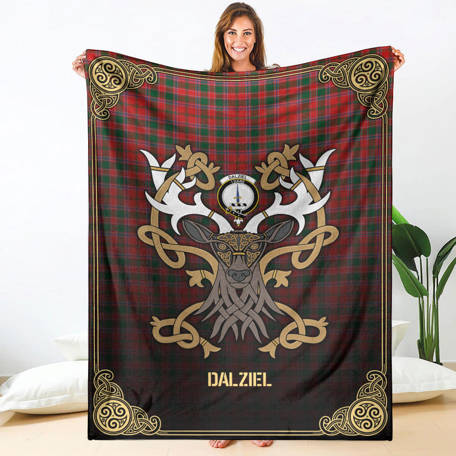 Clan Dalziel Modern Tartan Crest Premium Blanket Celtic Stag Style