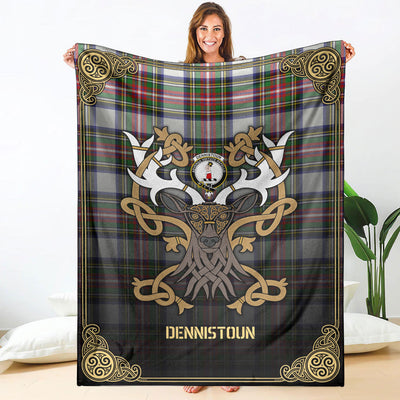 Clan Dennistoun Tartan Crest Premium Blanket Celtic Stag Style