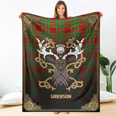 Clan Grierson Tartan Crest Premium Blanket Celtic Stag Style