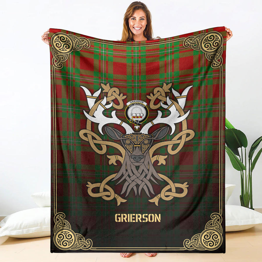 Clan Grierson Tartan Crest Premium Blanket Celtic Stag Style