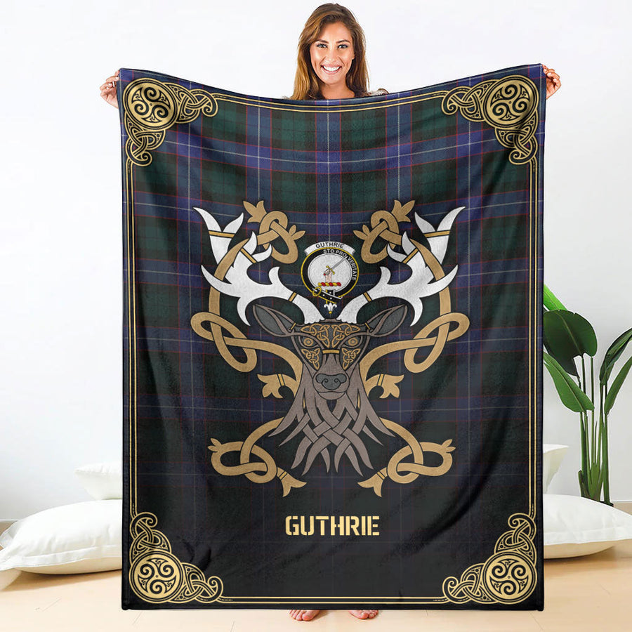 Clan Guthrie Modern Tartan Crest Premium Blanket Celtic Stag Style