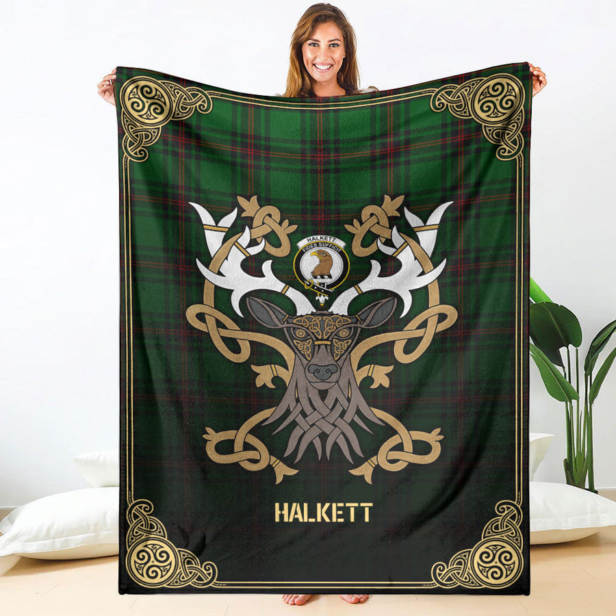 Clan Halkett Tartan Crest Premium Blanket Celtic Stag Style