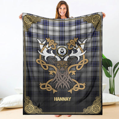 Clan Hannay Modern Tartan Crest Premium Blanket Celtic Stag Style OW68