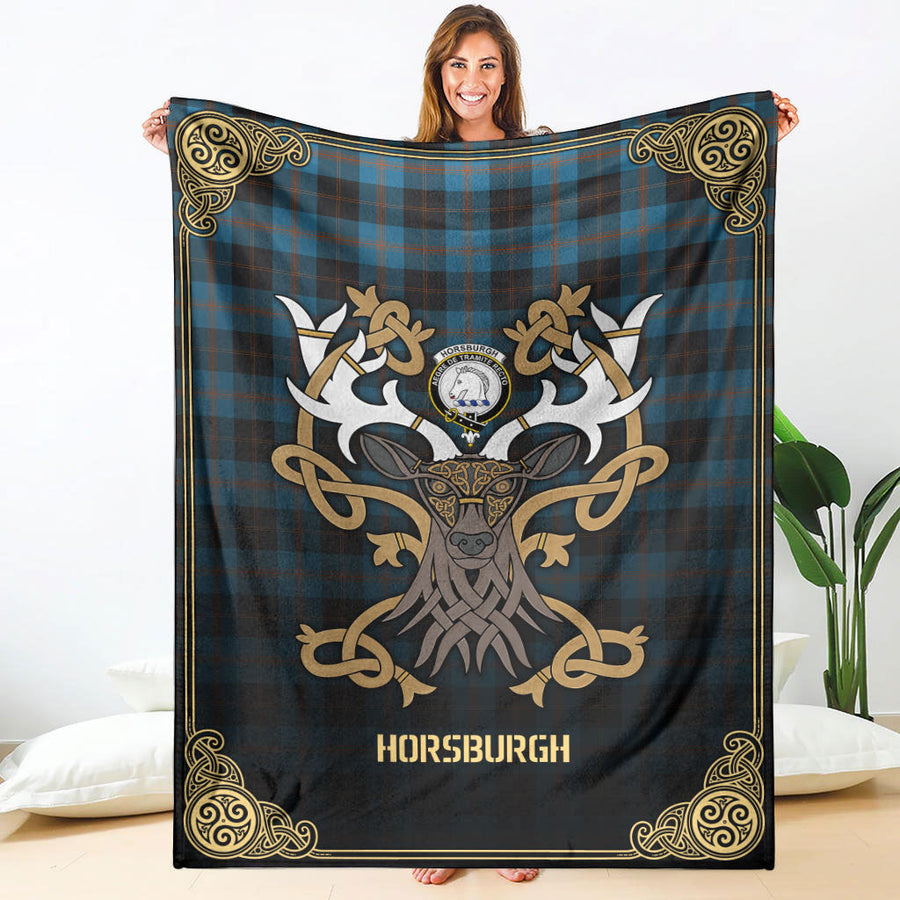 Clan Horsburgh Tartan Crest Premium Blanket Celtic Stag Style