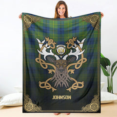 Clan Johnson Ancient Tartan Crest Premium Blanket Celtic Stag Style JB66 Clan Hall Tartan Today