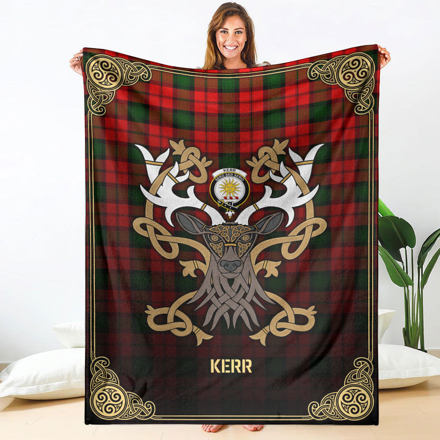 Clan Kerr Modern Tartan Crest Premium Blanket Celtic Stag Style