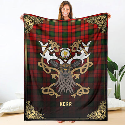 Clan Kerr Modern Tartan Crest Premium Blanket Celtic Stag Style