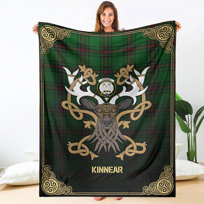 Clan Kinnear Tartan Crest Premium Blanket Celtic Stag Style