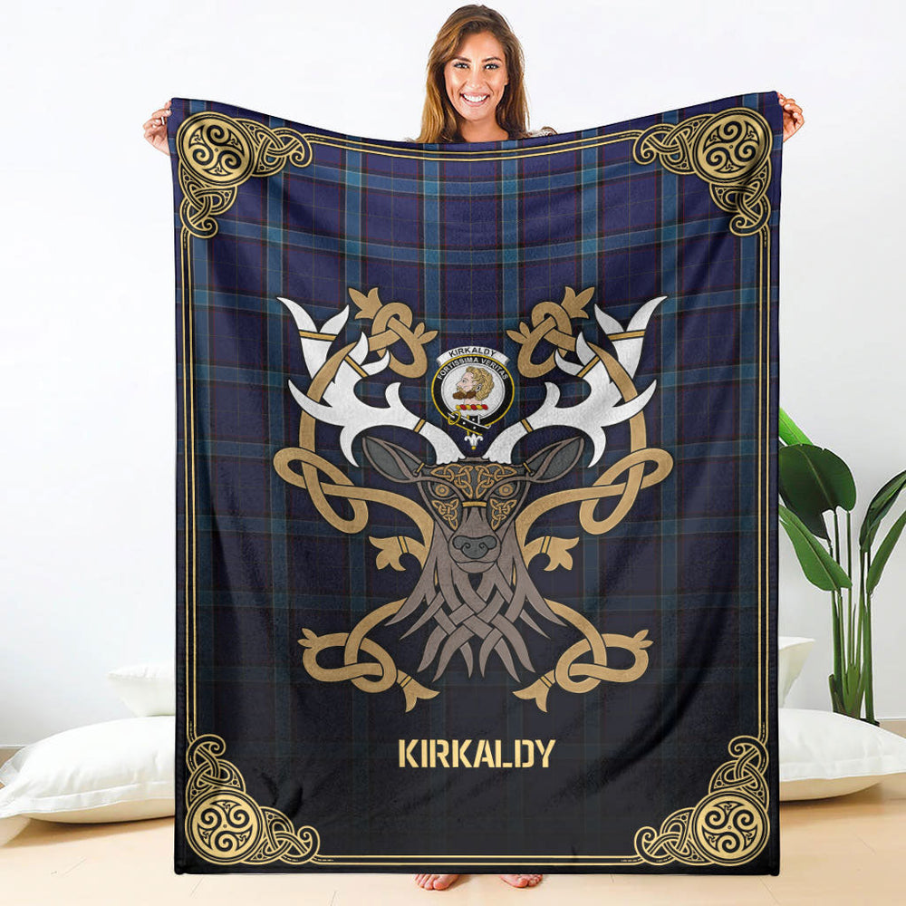Clan Kirkaldy Tartan Crest Premium Blanket Celtic Stag Style SJ93 Clan Kirk Tartan Today