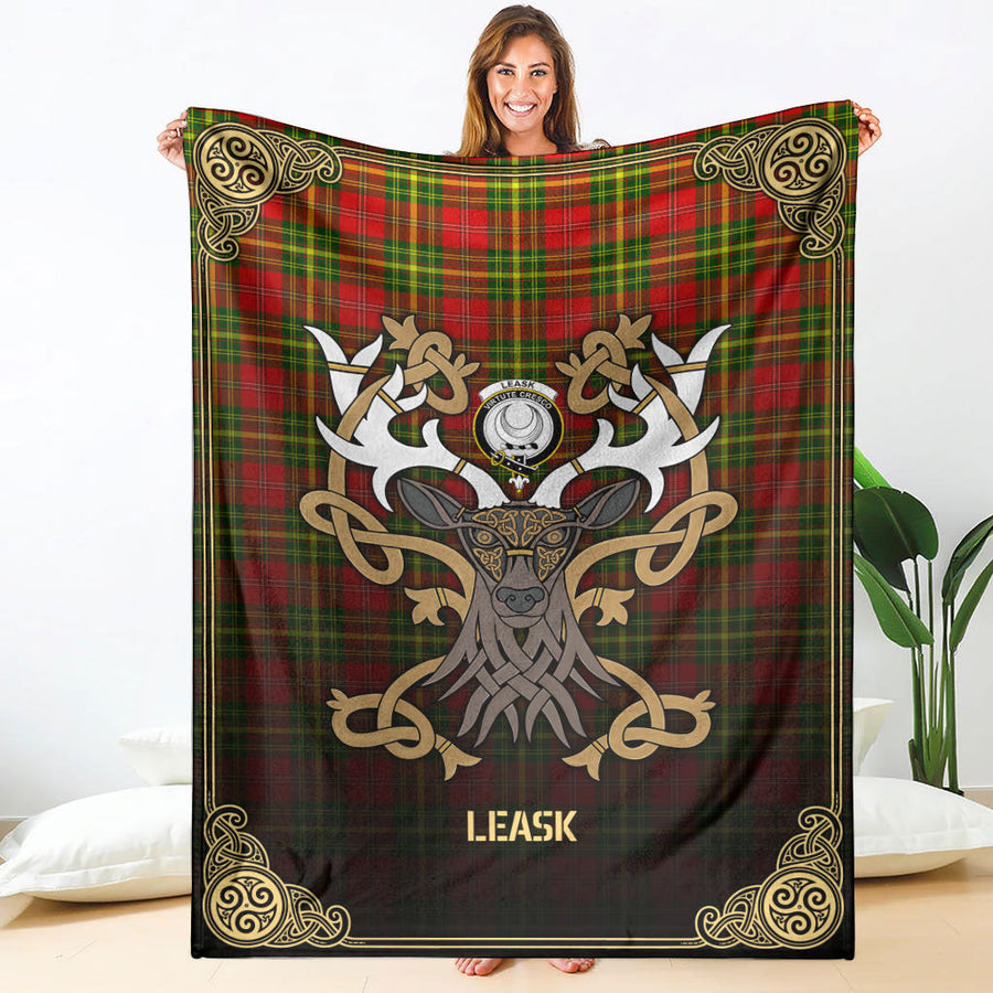 Clan Leask Tartan Crest Premium Blanket Celtic Stag Style