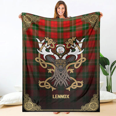 Clan Lennox Tartan Crest Premium Blanket Celtic Stag Style