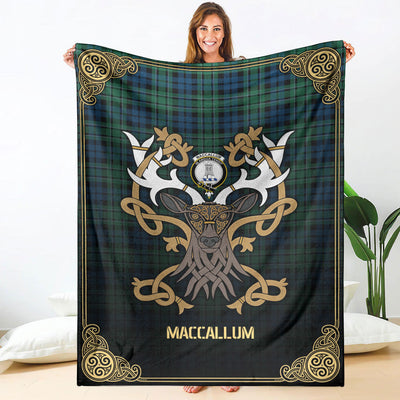 Clan MacCallum Ancient Tartan Crest Premium Blanket Celtic Stag Style