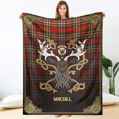 Clan MacGill Modern Tartan Crest Premium Blanket Celtic Stag Style