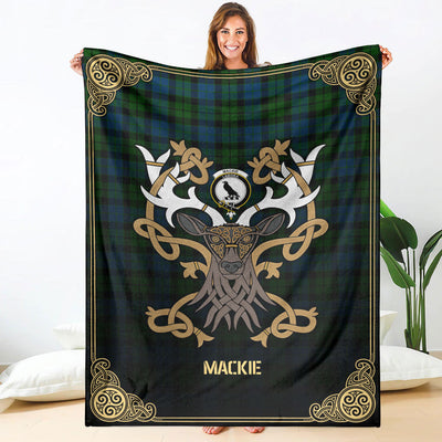 Clan MacKie Tartan Crest Premium Blanket Celtic Stag Style
