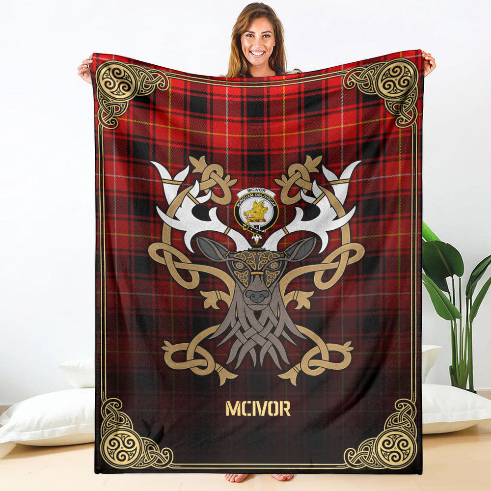 Clan McIvor Tartan Crest Premium Blanket Celtic Stag Style BT66 Clan Hall Tartan Today