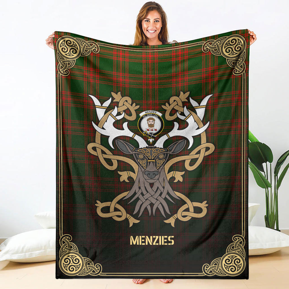 Clan Clan Menzies Green Modern Tartan Crest Premium Blanket Celtic Stag Style DC69 Clan Menzies Tartan Today