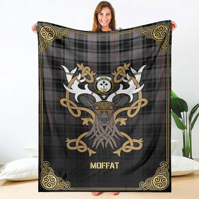 Clan Moffat Modern Tartan Crest Premium Blanket Celtic Stag Style