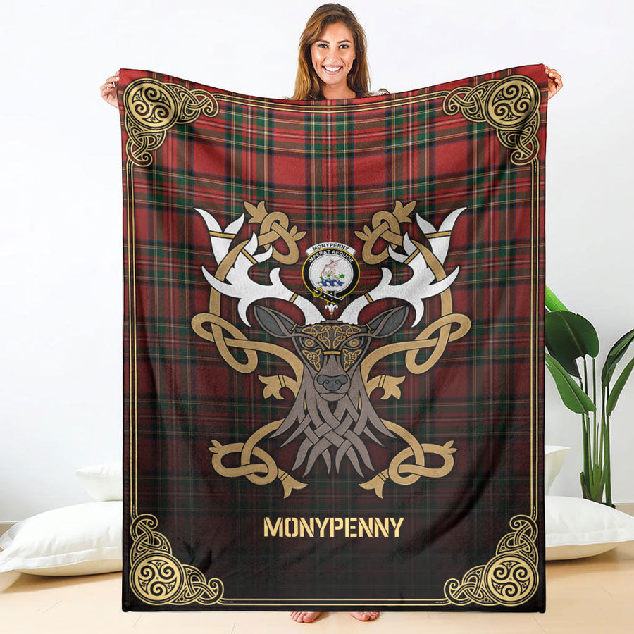 Clan Monypenny Tartan Crest Premium Blanket Celtic Stag Style