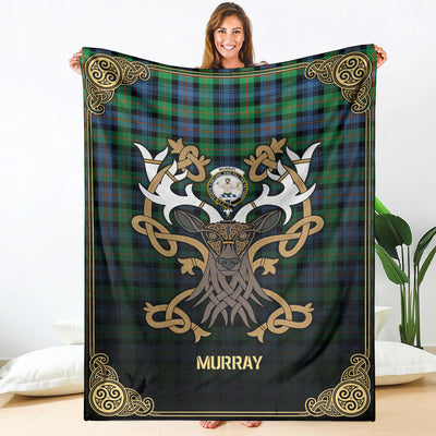 Clan Murray of Atholl Ancient Tartan Crest Premium Blanket Celtic Stag Style RD85