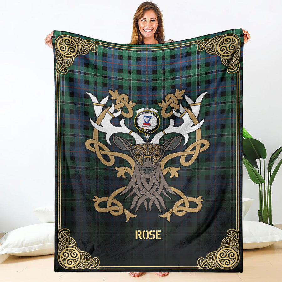 Clan Rose Hunting Ancient Tartan Crest Premium Blanket Celtic Stag Style