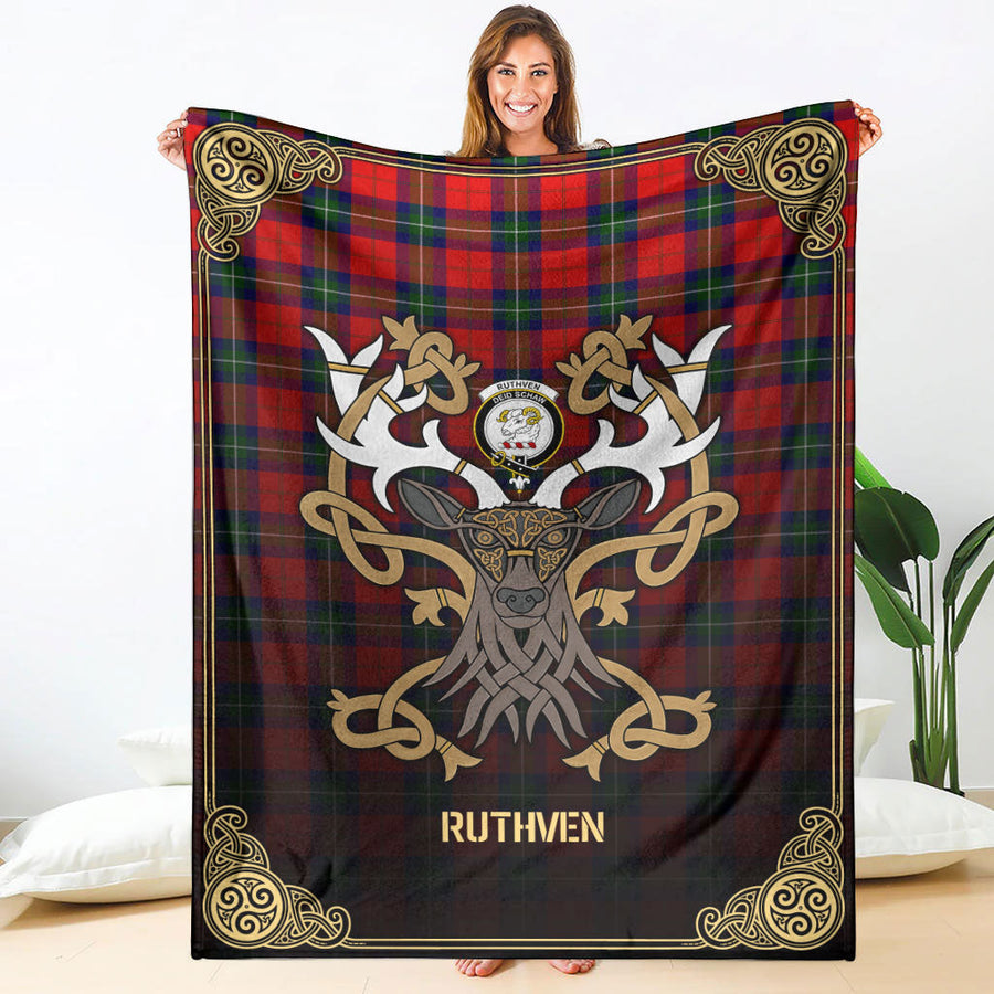Clan Ruthven Modern Tartan Crest Premium Blanket Celtic Stag Style
