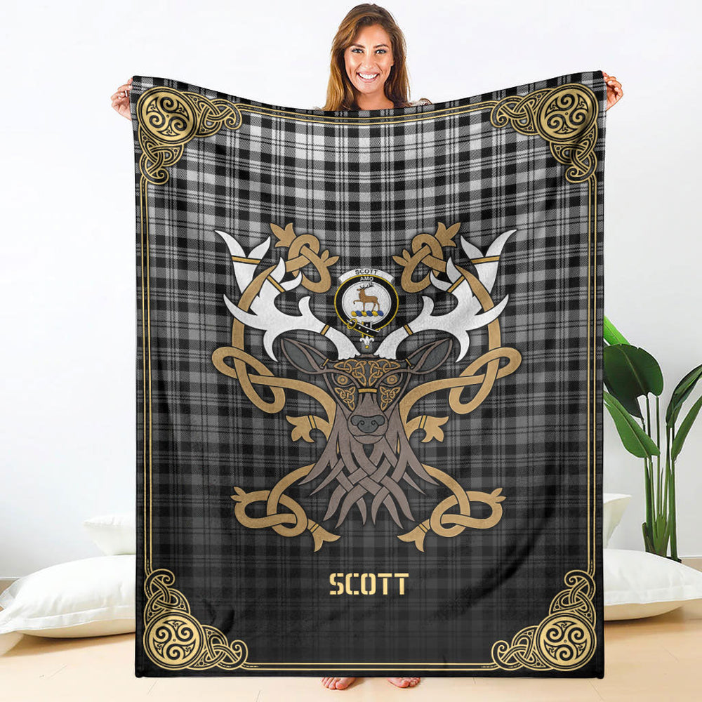 Clan Scott Black & White Modern Tartan Crest Premium Blanket Celtic Stag Style UI34 Clan Scott (Scott Tartan) Tartan Today