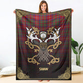 Clan Shaw Red Modern Tartan Crest Premium Blanket Celtic Stag Style UU34 Clan Shaw Tartan Today