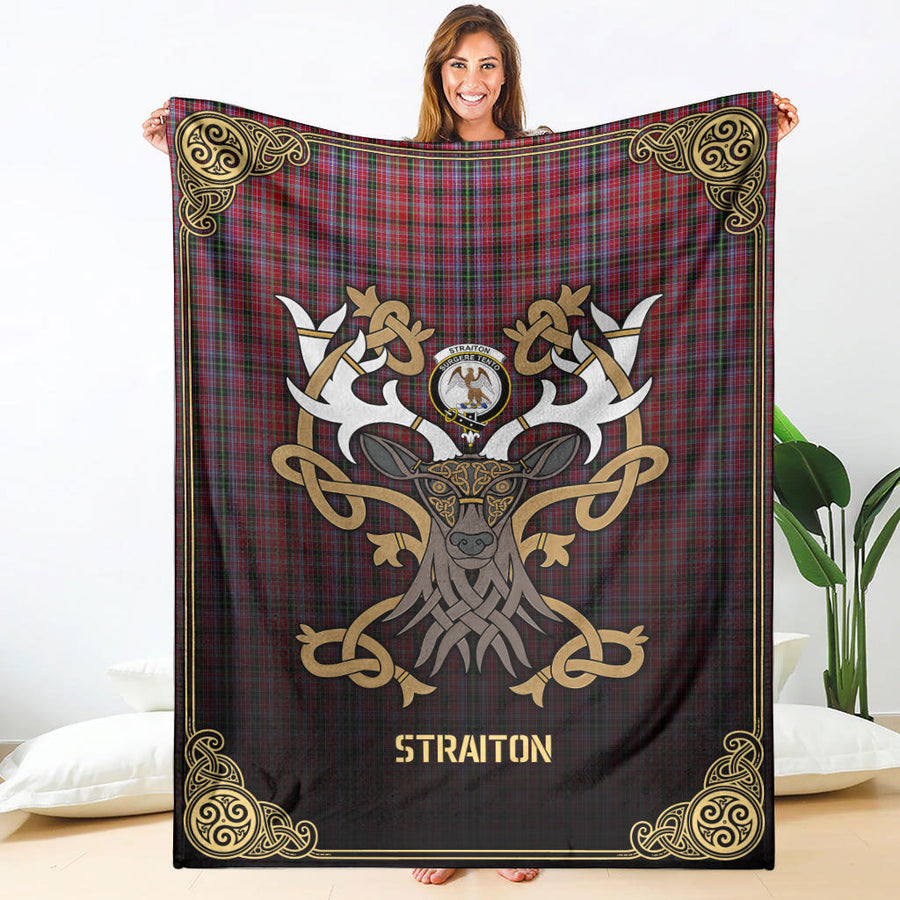 Clan Straiton Tartan Crest Premium Blanket Celtic Stag Style