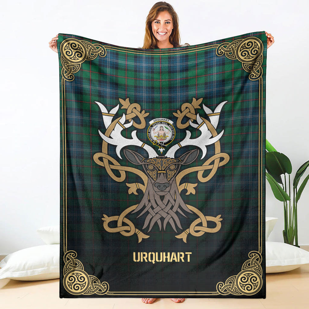 Clan Clan Urquhart Ancient Tartan Crest Premium Blanket Celtic Stag Style ZX20 Clan Urquhart Tartan Today