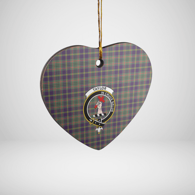 Clan Taylor Weathered Tartan Crest Heart Ceramic Ornament