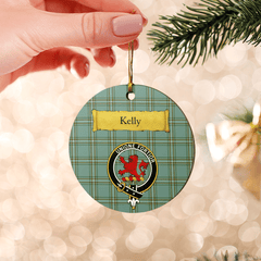 Clan Kelly Dress Tartan Crest Round Ceramic Ornament YP44 Kelly Dress Tartan Tartan Christmas