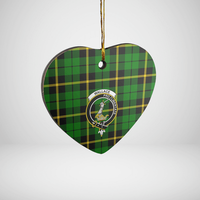 Clan Wallace Hunting Green Tartan Crest Heart Ceramic Ornament