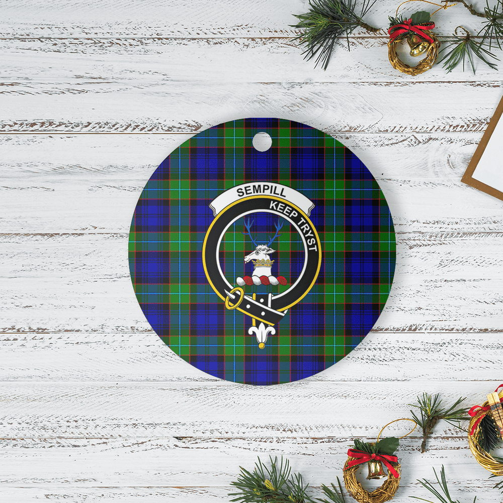 Clan Sempill Modern Tartan Crest Round Ceramic Ornament NQ74 Sempill Modern Tartan Tartan Christmas