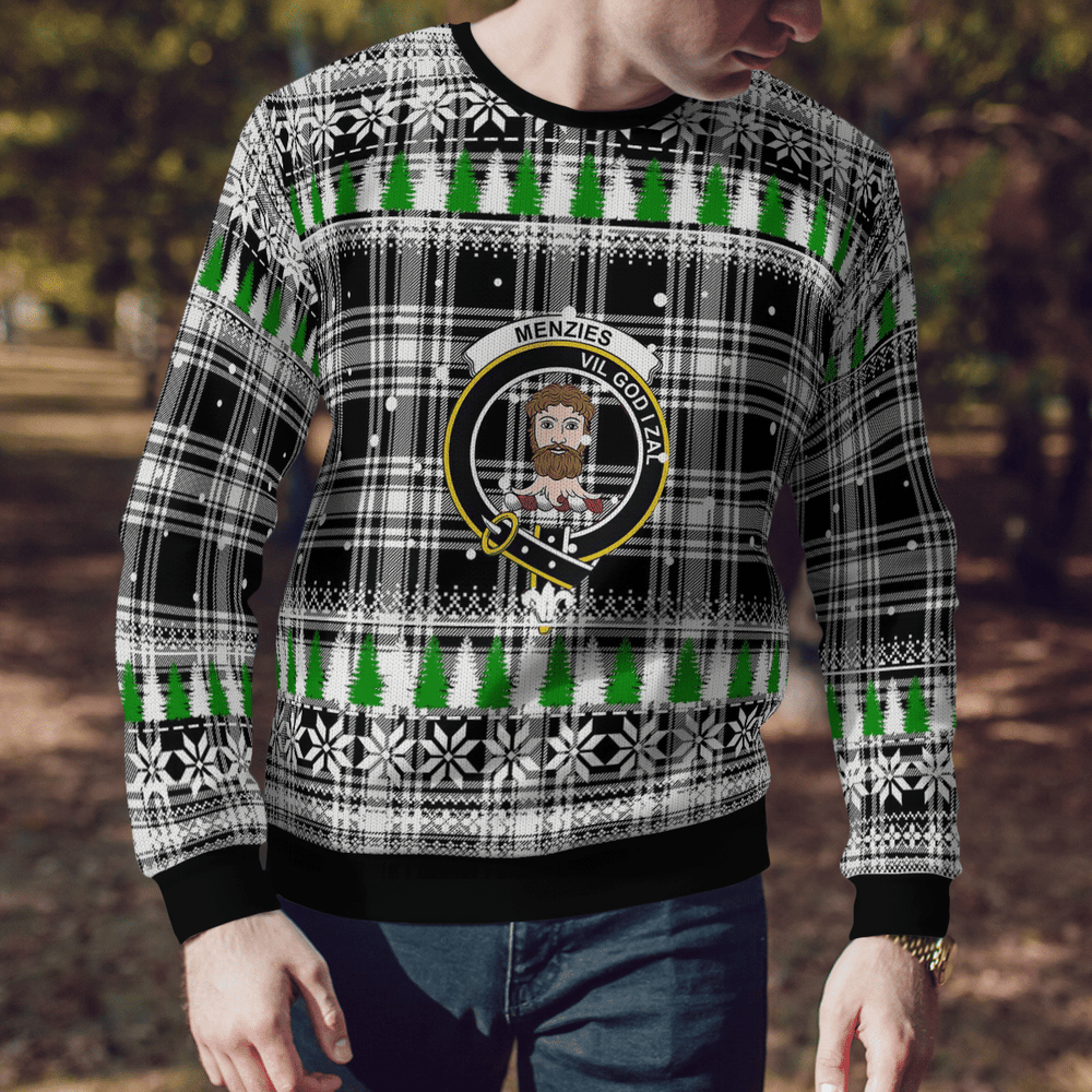 Clan Menzies Black & White Modern Crest Tartan Christmas Ugly Sweater OH26 Menzies Black & White Modern Crest Tartan Tartan Ugly Sweater
