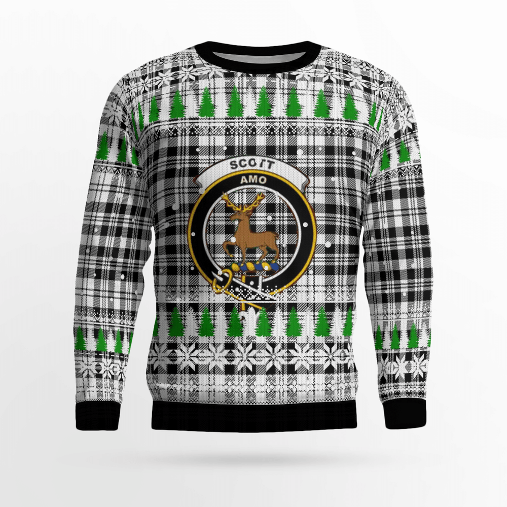 Clan Scott Black & White Modern Crest Tartan Christmas Ugly Sweater GK53 Scott Black & White Modern Crest Tartan Tartan Ugly Sweater