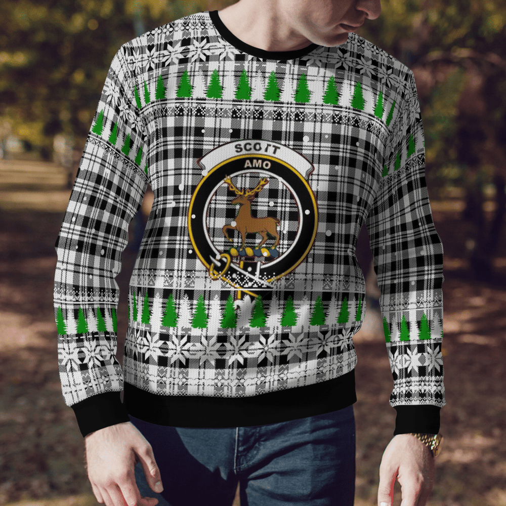 Clan Scott Black & White Modern Crest Tartan Christmas Ugly Sweater GK53 Scott Black & White Modern Crest Tartan Tartan Ugly Sweater