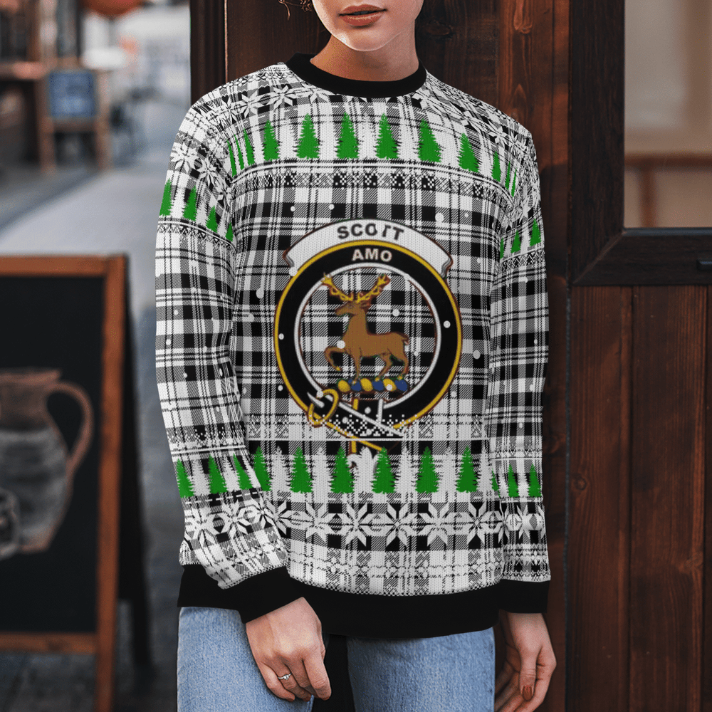 Clan Scott Black & White Modern Crest Tartan Christmas Ugly Sweater GK53 Scott Black & White Modern Crest Tartan Tartan Ugly Sweater