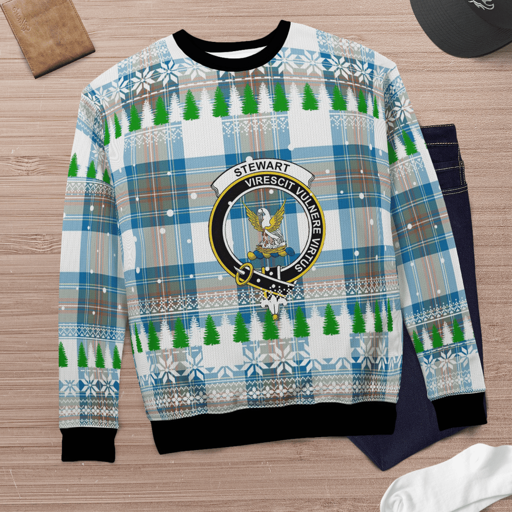 Clan Stewart Muted Blue Crest Tartan Christmas Ugly Sweater YY80 Stewart Muted Blue Crest Tartan Tartan Ugly Sweater