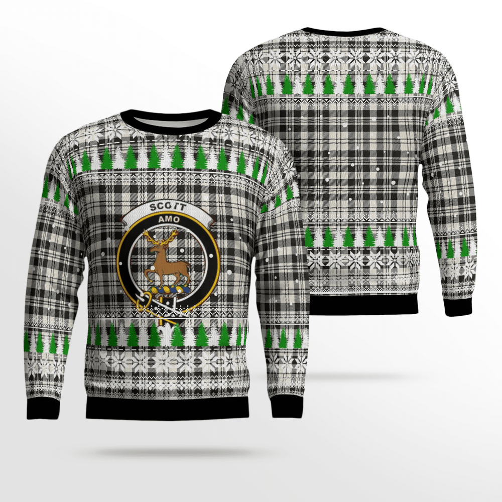 Clan Scott Black & White Ancient Crest Tartan Christmas Ugly Sweater VQ29 Scott Black & White Ancient Crest Tartan Tartan Ugly Sweater