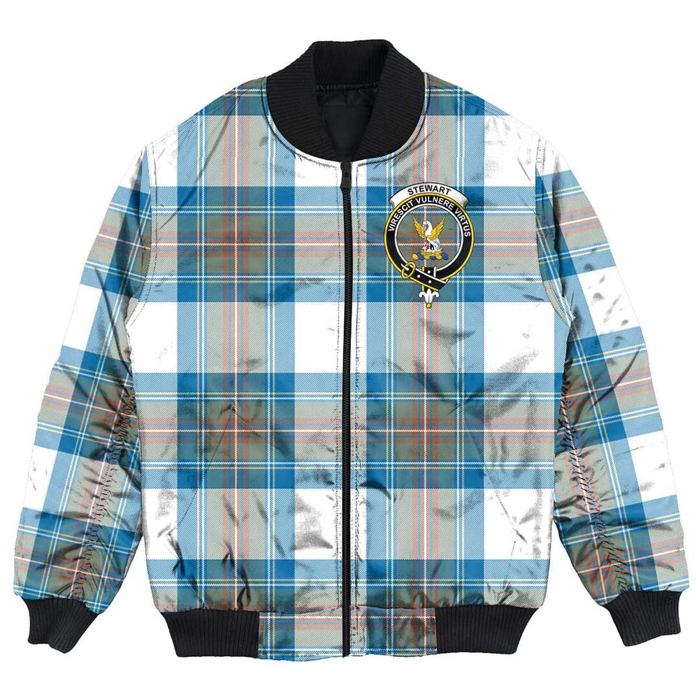 Clan Stewart Muted Blue Tartan Crest Bomber Jacket UR48 Stewart Muted Blue Tartan Tartan Bomber Jacket