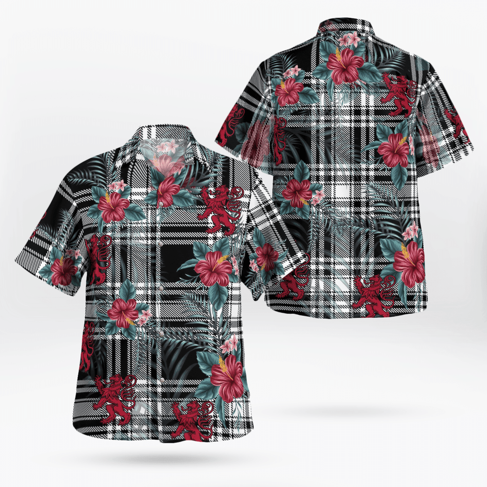 Clan Menzies Black & White Modern Tartan Scottish Lion Hawaiian Shirt EY53 Menzies Black & White Modern Tartan Tartan Hawaii Shirt