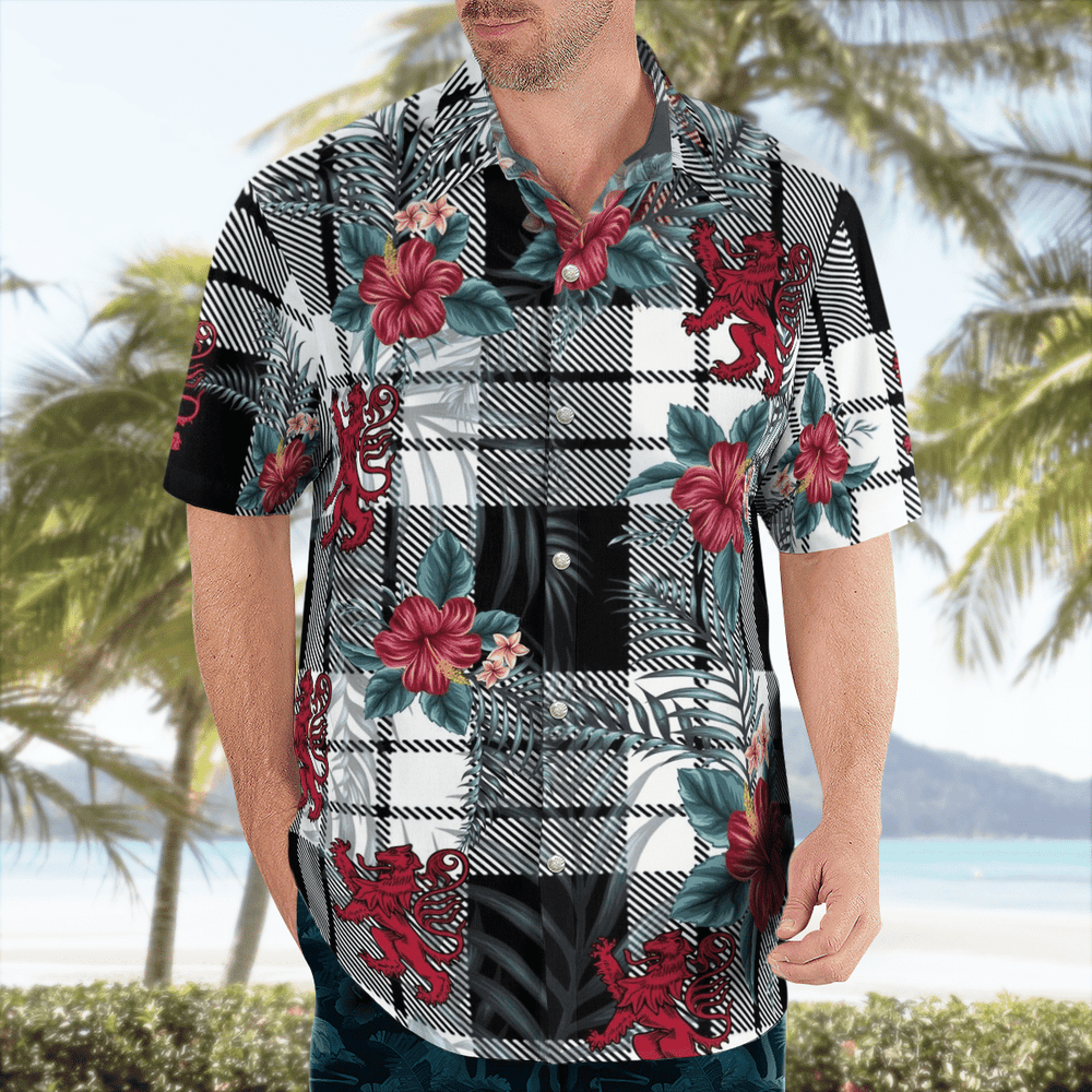 Clan Clan MacFarlane Black & White Tartan Scottish Lion Hawaiian Shirt GP45 MacFarlane Black & White Tartan Tartan Hawaii Shirt