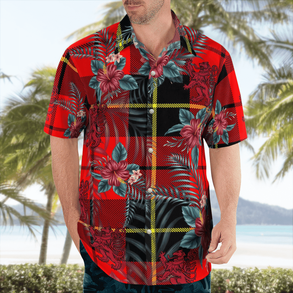 Clan Wallace Hunting Red Tartan Scottish Lion Hawaiian Shirt DE57 Wallace Hunting Red Tartan Tartan Hawaii Shirt