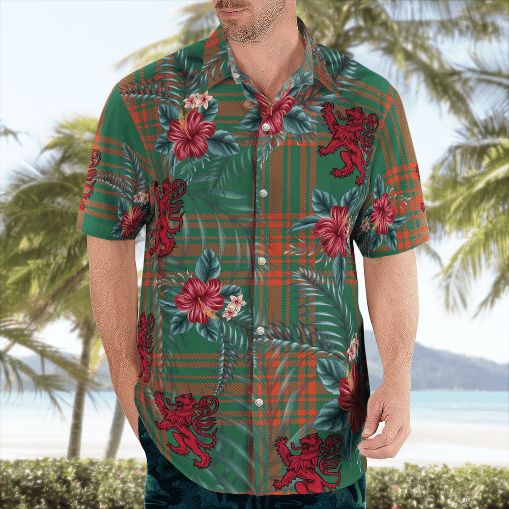 Clan Menzies Green Ancient Tartan Scottish Lion Hawaiian Shirt IH93 Menzies Green Ancient Tartan Tartan Hawaii Shirt