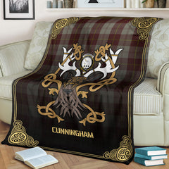 Clan Cunningham Burgundy Dancers Tartan Crest Premium Blanket Celtic Stag Style JI13 Clan Cunningham Tartan Today