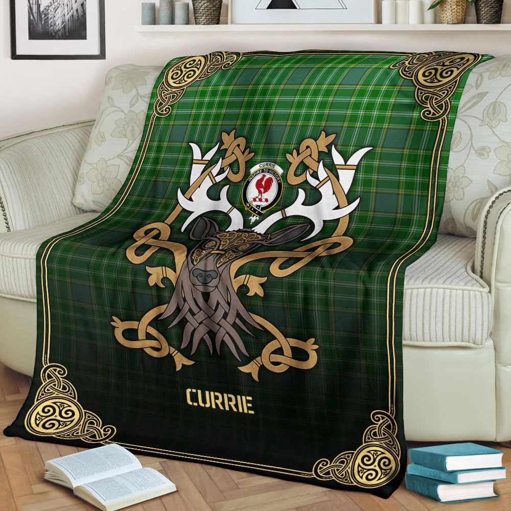 Clan Currie or Curry Tartan Crest Premium Blanket Celtic Stag Style NO35 Clan Currie Tartan Today