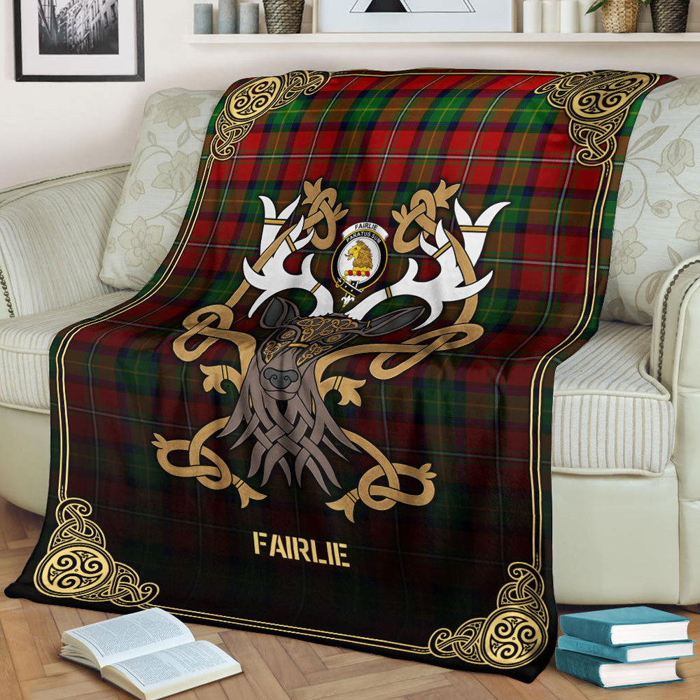 Clan Fairlie Tartan Crest Premium Blanket Celtic Stag Style CU58 Clan Fairlie Tartan Today