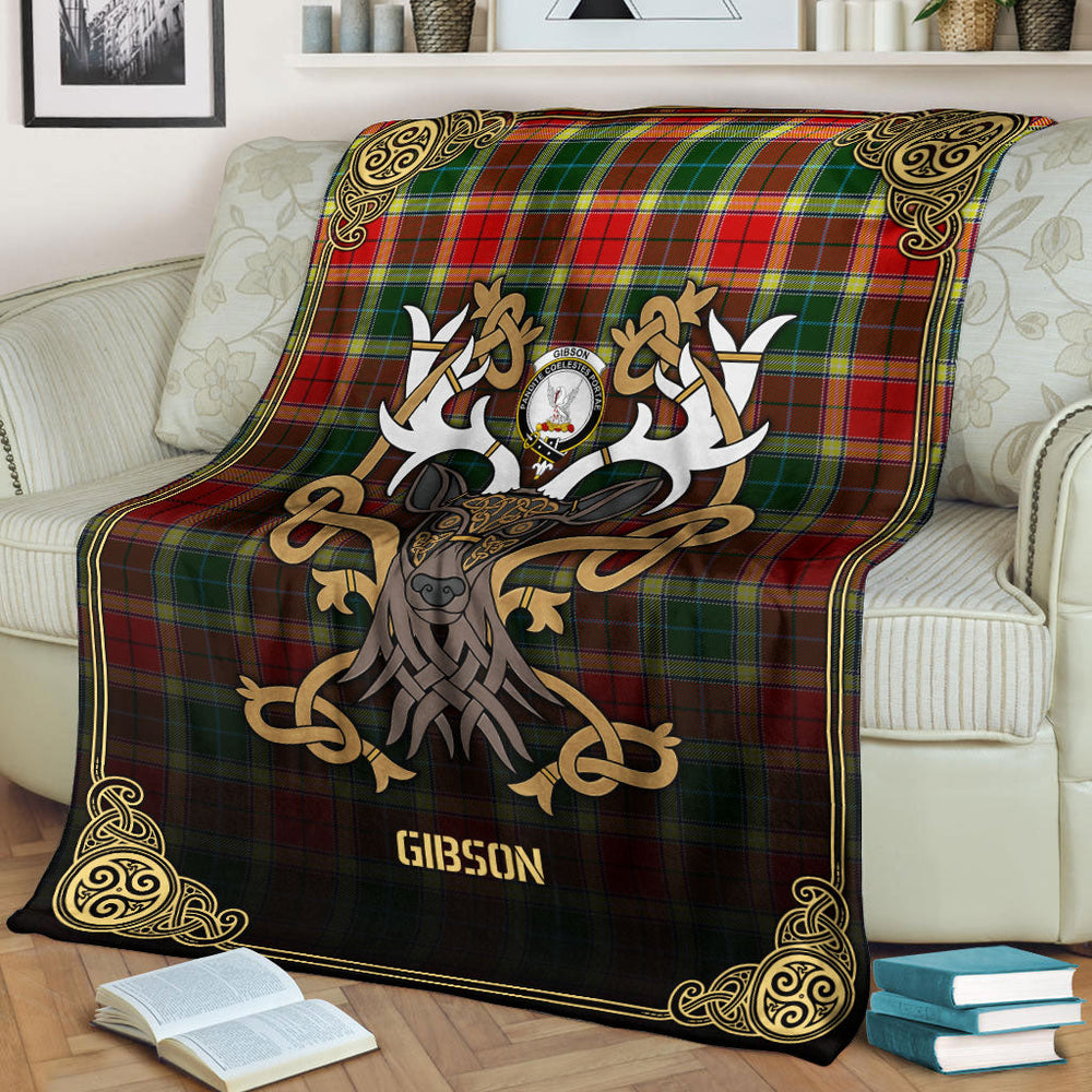 Clan Gibson Tartan Crest Premium Blanket Celtic Stag Style YI64 Clan Hall Tartan Today